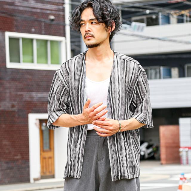 カーディガン・半袖・レース・メンズ・バルファレース・半袖カーディガン・夏用・サマーカーディガン・メッシュ・ストライプ・シースルー・透かし編み・透け感・シアー・シャツ・羽織り・薄手・ボタンレス・民族・エスニック・リゾート・モノトーン・ブルー・黒・青・春服 6