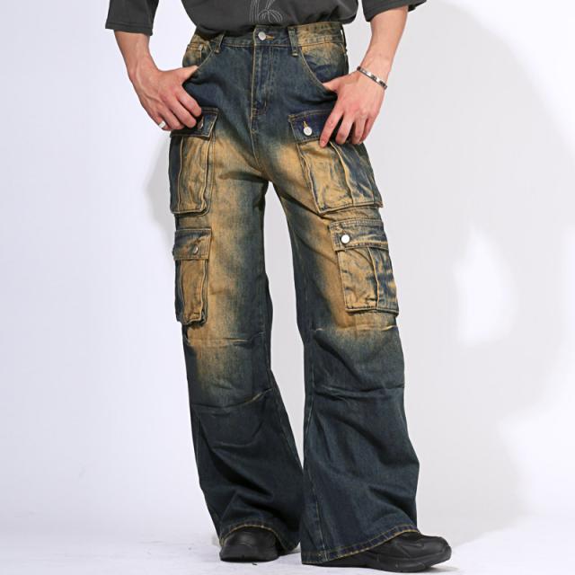 送料無料・カーゴパンツ・デニムパンツ・メンズ・レディース・ワイドパンツ・ワイドカーゴパンツ・デニム・ダブルポケット・フルレングス丈・12分丈・大きいサイズ・男女兼用・ユニセックス・ヴィンテージ・ウォッシュ加工・ダメージ加工・インディゴブルー・ブラック・黒 8