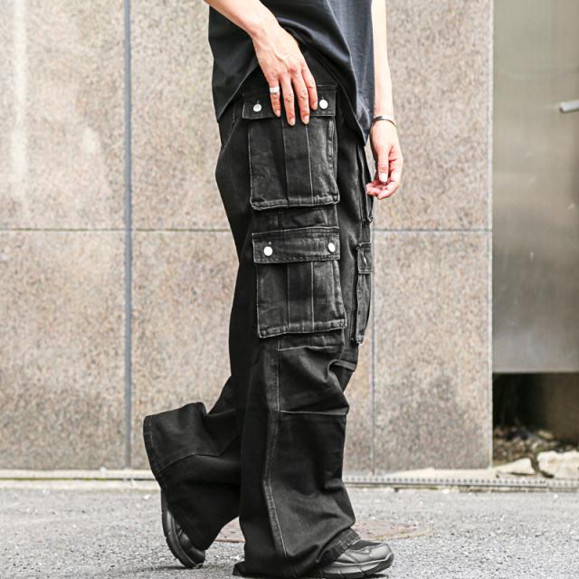 送料無料・カーゴパンツ・デニムパンツ・メンズ・レディース・ワイドパンツ・ワイドカーゴパンツ・デニム・ダブルポケット・フルレングス丈・12分丈・大きいサイズ・男女兼用・ユニセックス・ヴィンテージ・ウォッシュ加工・ダメージ加工・インディゴブルー・ブラック・黒 6