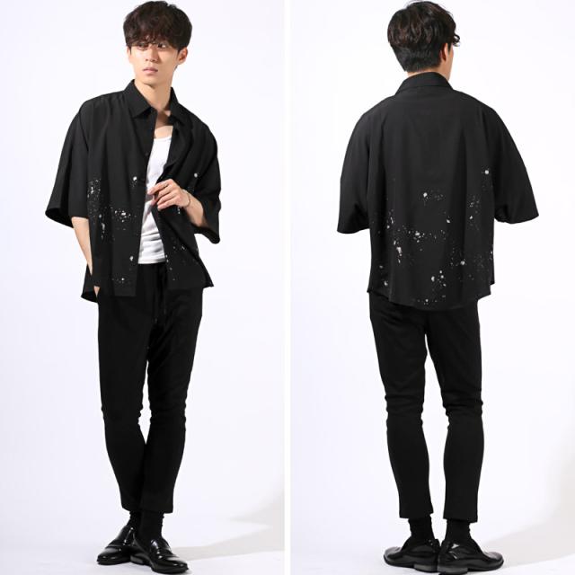 送料無料・シャツ・半袖・メンズ・レディース・半袖シャツ・ドルマンスリーブ・ブラウス・オーバーサイズ・ビッグシルエット・大きいサイズ・ラグラン・ペイント・プリント・個性的・涼しい・接触冷感・クール・白・黒・ホワイト・ブラック・おしゃれ・韓国 8