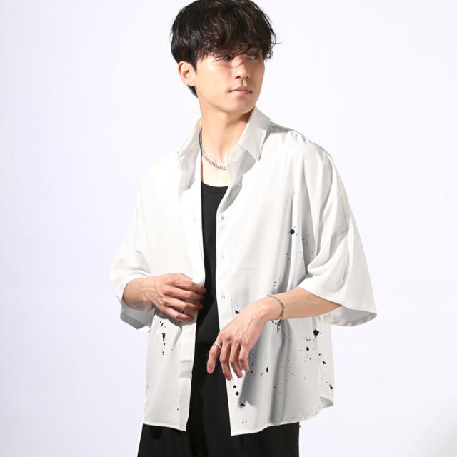 送料無料・シャツ・半袖・メンズ・レディース・半袖シャツ・ドルマンスリーブ・ブラウス・オーバーサイズ・ビッグシルエット・大きいサイズ・ラグラン・ペイント・プリント・個性的・涼しい・接触冷感・クール・白・黒・ホワイト・ブラック・おしゃれ・韓国 5