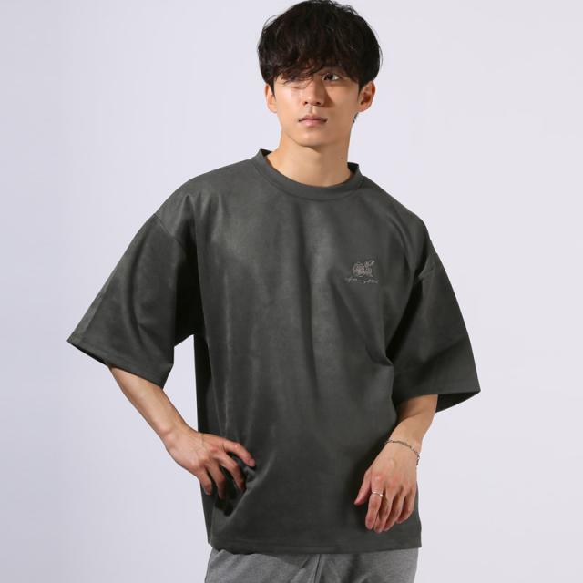 Tシャツ・半袖・トップス・カットソー・メンズ・スエード・フェイクスエード・バックプリント・フラワー・花・ロゴ・刺繍・ワンポイント・薔薇・バラ・大きいサイズ・ビッグシルエット・カジュアル・モード・春服・夏服・10代・20代・30代 9