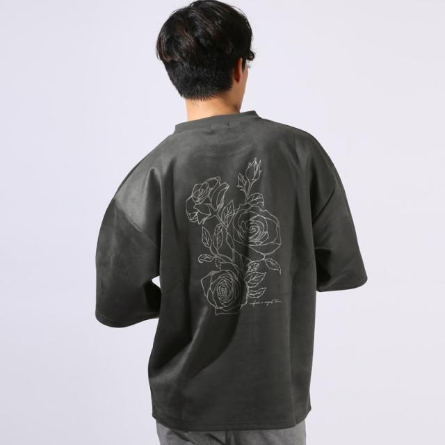 Tシャツ・半袖・トップス・カットソー・メンズ・スエード・フェイクスエード・バックプリント・フラワー・花・ロゴ・刺繍・ワンポイント・薔薇・バラ・大きいサイズ・ビッグシルエット・カジュアル・モード・春服・夏服・10代・20代・30代 10