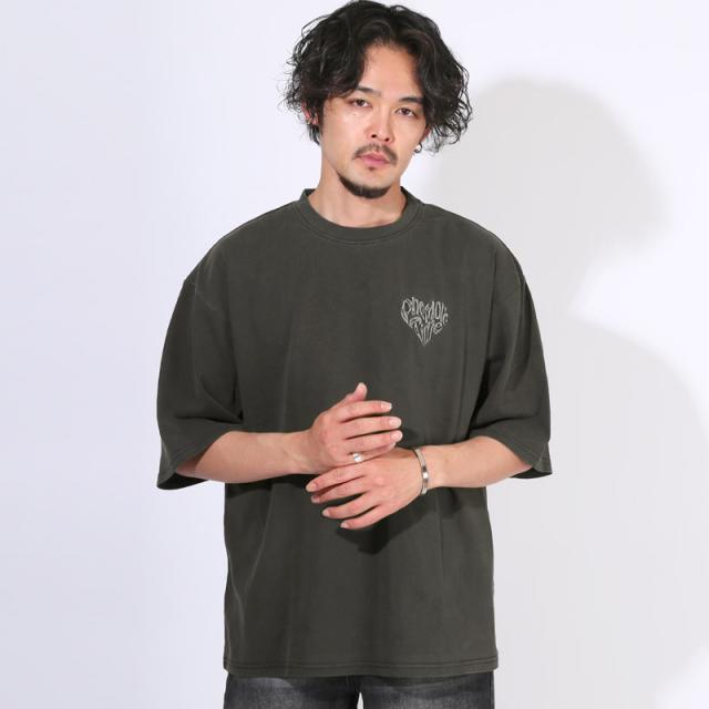 Tシャツ・半袖・メンズ・レディース・半袖Tシャツ・トップス・ピグメント・ハードウォッシュ・ウォッシュ加工・刺繍・ロゴ・ハート・ワンポイント・オーバーサイズ・ビッグシルエット・大きいサイズ・ゆったり・カジュアル・ストリート・黒・ブラック・グレー・チャコール 8