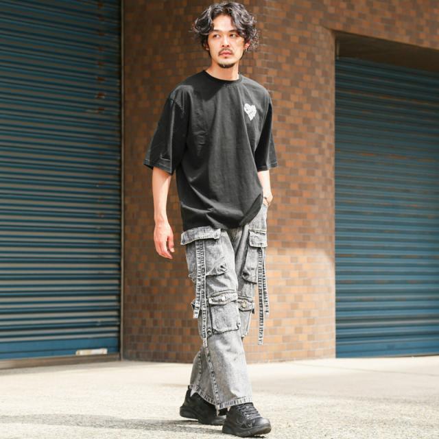 Tシャツ・半袖・メンズ・レディース・半袖Tシャツ・トップス・ピグメント・ハードウォッシュ・ウォッシュ加工・刺繍・ロゴ・ハート・ワンポイント・オーバーサイズ・ビッグシルエット・大きいサイズ・ゆったり・カジュアル・ストリート・黒・ブラック・グレー・チャコール 7