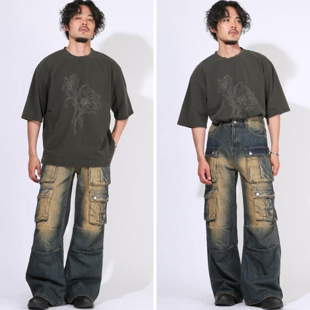Tシャツ・半袖・メンズ・レディース・半袖Tシャツ・トップス・ピグメント・ハードウォッシュ・ウォッシュ加工・刺繍・花・フラワー・オーバーサイズ・ビッグシルエット・大きいサイズ・ゆったり・カジュアル・ストリート・ヴィンテージ 8