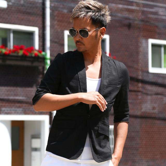 テーラードジャケット・サマージャケット・ジャケット・メンズ・ミドル・綿麻・リネン・7分袖・七分袖・ストレッチ・通気性・無地・シングル・ビジカジ・ワンボタン・カジュアル・上品・春服・夏服・秋服・20代・30代・40代・50代・60代 6