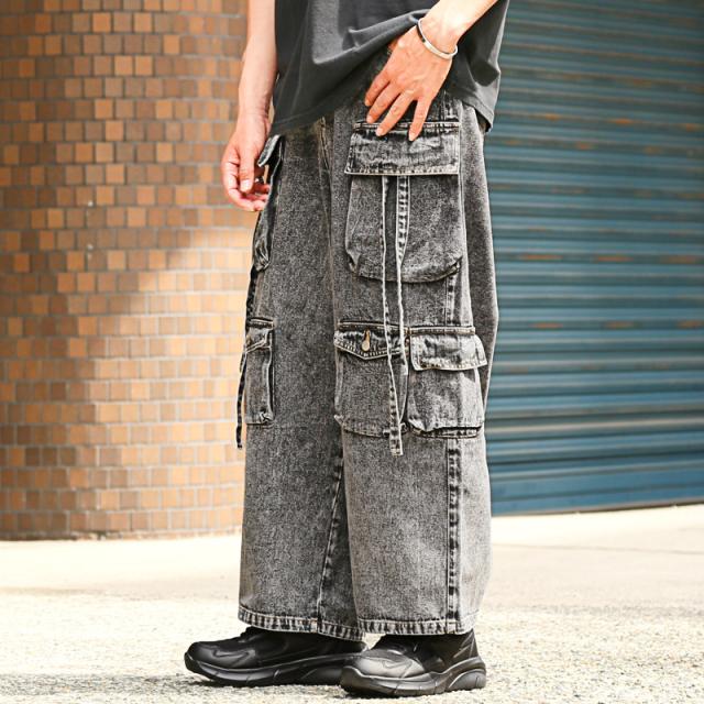 送料無料・カーゴパンツ・テクノパンツ・デニムパンツ・メンズ・ワイドパンツ・ワイドカーゴパンツ・ケミカルウォッシュ・ポケット・9分丈・アンクル丈・大きいサイズ・ユニセックス・ヴィンテージ・ビンテージ・ブルー・青・ブラック・黒・オールシーズン・M・L・XL 5