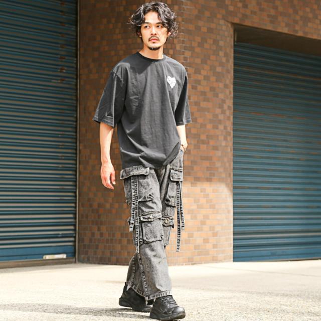 送料無料・カーゴパンツ・テクノパンツ・デニムパンツ・メンズ・ワイドパンツ・ワイドカーゴパンツ・ケミカルウォッシュ・ポケット・9分丈・アンクル丈・大きいサイズ・ユニセックス・ヴィンテージ・ビンテージ・ブルー・青・ブラック・黒・オールシーズン・M・L・XL 6