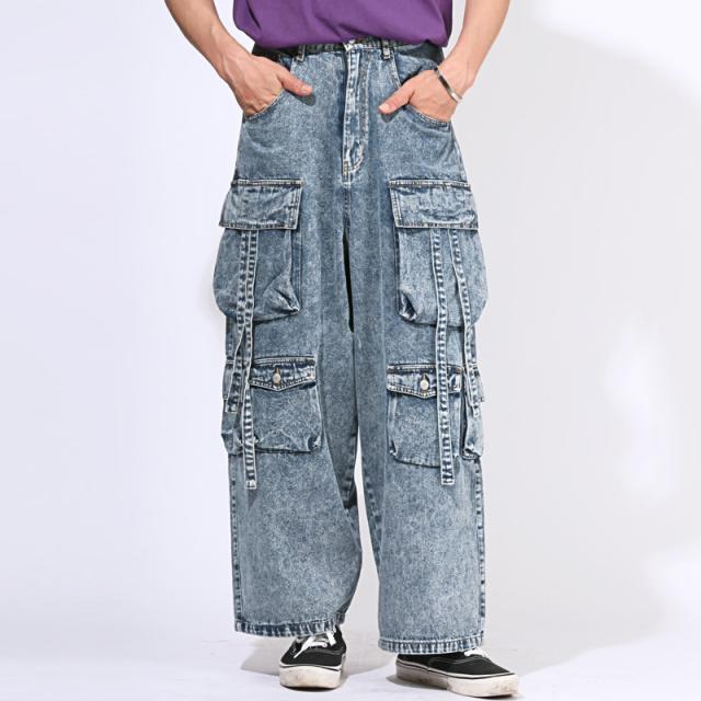 送料無料・カーゴパンツ・テクノパンツ・デニムパンツ・メンズ・ワイドパンツ・ワイドカーゴパンツ・ケミカルウォッシュ・ポケット・9分丈・アンクル丈・大きいサイズ・ユニセックス・ヴィンテージ・ビンテージ・ブルー・青・ブラック・黒・オールシーズン・M・L・XL 7