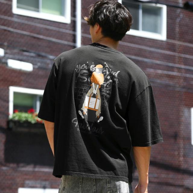 Tシャツ・半袖・メンズ・レディース・半袖Tシャツ・トップス・ピグメント・ハードウォッシュ・ウォッシュ加工・ガール・イラスト・プリント・ロゴ・オーバーサイズ・大きいサイズ・クルーネック・カジュアル・ストリート・ユニセックス 6