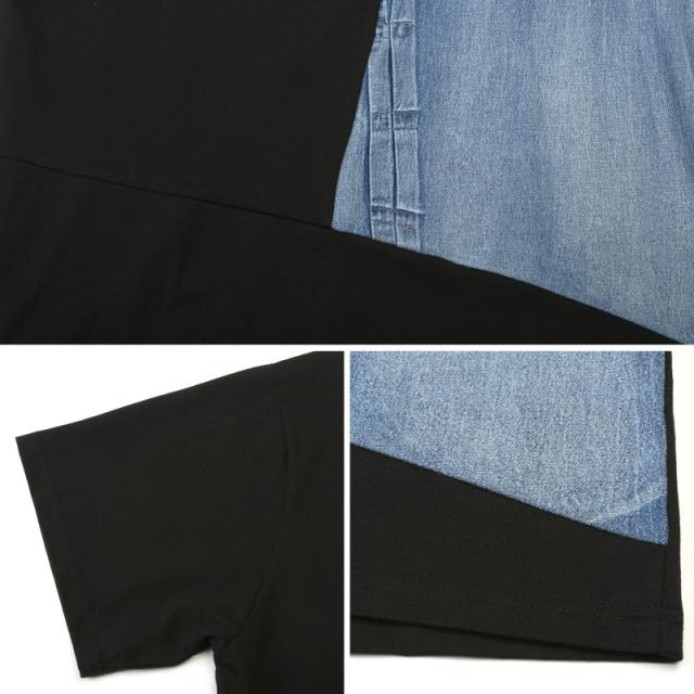 Tシャツ・半袖・メンズ・レディース・半袖Tシャツ・トップス・カットソー・デニム・切替・ワンポイント・刺繍・ロゴ・クルーネック・丸首・綿・コットン・胸ポケット・シンプル・カジュアル・夏・サマー・ストリート・スケーター・アメカジ 11