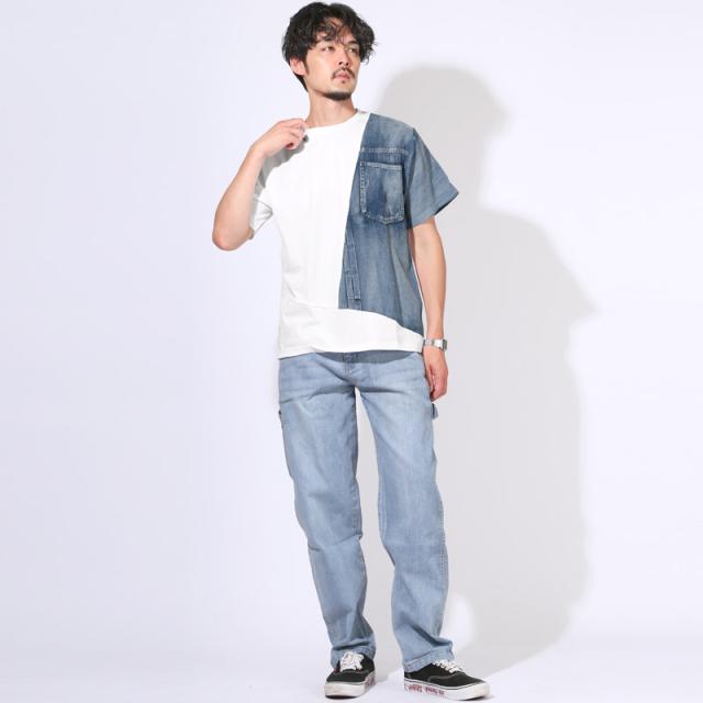 Tシャツ・半袖・メンズ・レディース・半袖Tシャツ・トップス・カットソー・デニム・切替・ワンポイント・刺繍・ロゴ・クルーネック・丸首・綿・コットン・胸ポケット・シンプル・カジュアル・夏・サマー・ストリート・スケーター・アメカジ 6