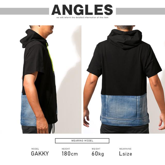 送料無料・Tシャツ・半袖・メンズ・半袖Tシャツ・半袖パーカー・フーディ・フード付き・蛍光色・ネオンカラー・差し色・刺繍・ロゴ・デニム・切替・バイカラー・アシンメトリー・ゆったり・オーバーサイズ・カンガルーポケット・白・黒・ホワイト・ブラック・夏・春 9