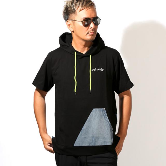 送料無料・Tシャツ・半袖・メンズ・半袖Tシャツ・半袖パーカー・フーディ・フード付き・蛍光色・ネオンカラー・差し色・刺繍・ロゴ・デニム・切替・バイカラー・アシンメトリー・ゆったり・オーバーサイズ・カンガルーポケット・白・黒・ホワイト・ブラック・夏・春 5