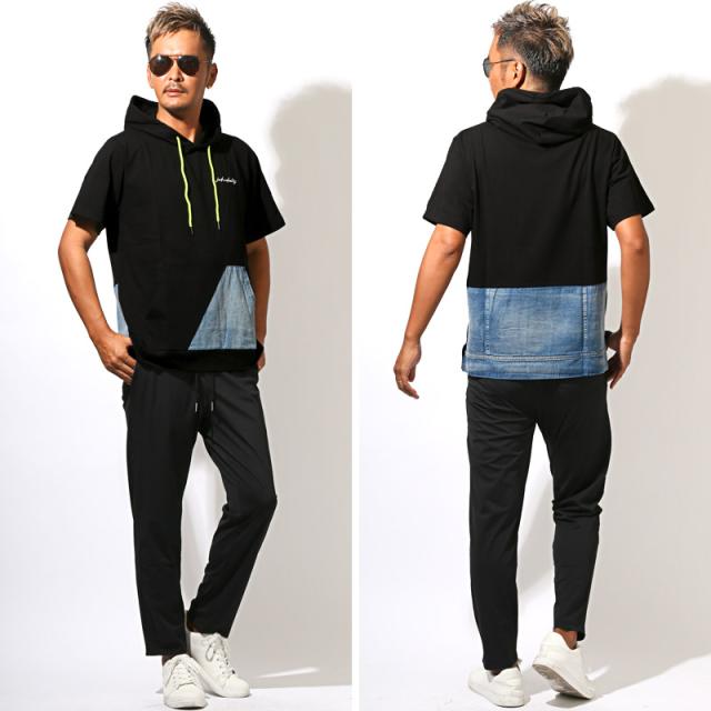 送料無料・Tシャツ・半袖・メンズ・半袖Tシャツ・半袖パーカー・フーディ・フード付き・蛍光色・ネオンカラー・差し色・刺繍・ロゴ・デニム・切替・バイカラー・アシンメトリー・ゆったり・オーバーサイズ・カンガルーポケット・白・黒・ホワイト・ブラック・夏・春 6