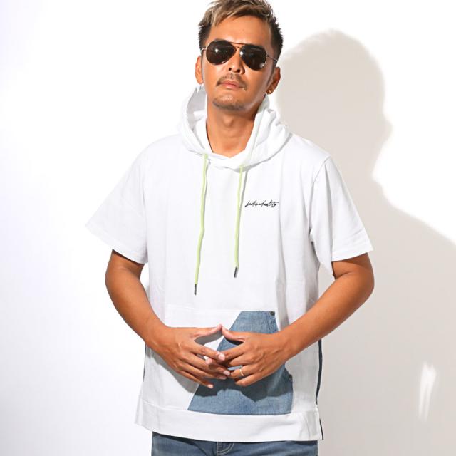 送料無料・Tシャツ・半袖・メンズ・半袖Tシャツ・半袖パーカー・フーディ・フード付き・蛍光色・ネオンカラー・差し色・刺繍・ロゴ・デニム・切替・バイカラー・アシンメトリー・ゆったり・オーバーサイズ・カンガルーポケット・白・黒・ホワイト・ブラック・夏・春 7