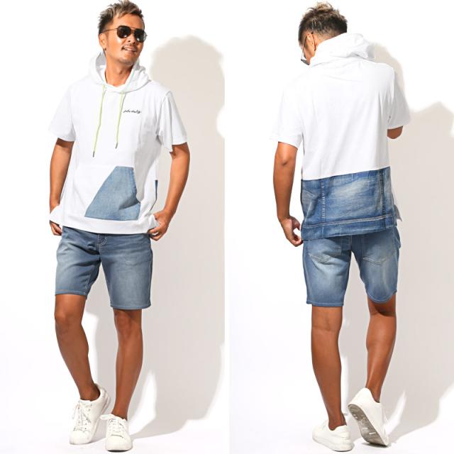 送料無料・Tシャツ・半袖・メンズ・半袖Tシャツ・半袖パーカー・フーディ・フード付き・蛍光色・ネオンカラー・差し色・刺繍・ロゴ・デニム・切替・バイカラー・アシンメトリー・ゆったり・オーバーサイズ・カンガルーポケット・白・黒・ホワイト・ブラック・夏・春 8