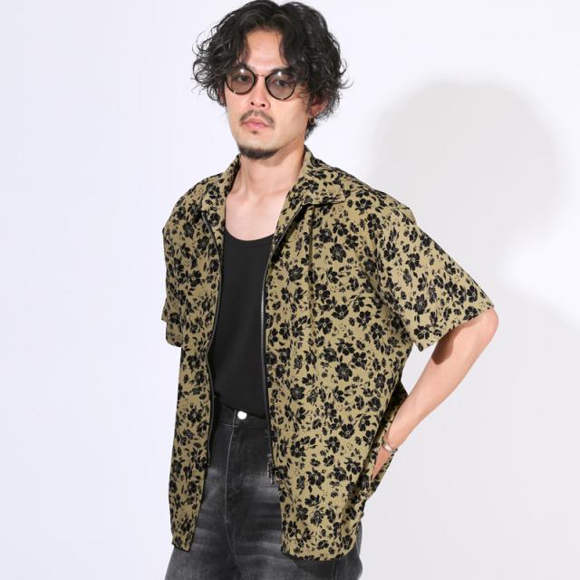 シャツ・半袖・メンズ・半袖シャツ・カーディガン・羽織・ライトアウター・花柄・フラワー・総柄・楊柳・クレープ素材・プリーツ・薄手・ダブルジップ・オープンジップ・オーバーサイズ・大きいサイズ・ゆったり・ホワイト・白・モカ・茶・夏・春・秋・20代・30代・40代 7