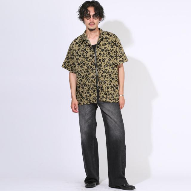 シャツ・半袖・メンズ・半袖シャツ・カーディガン・羽織・ライトアウター・花柄・フラワー・総柄・楊柳・クレープ素材・プリーツ・薄手・ダブルジップ・オープンジップ・オーバーサイズ・大きいサイズ・ゆったり・ホワイト・白・モカ・茶・夏・春・秋・20代・30代・40代 8