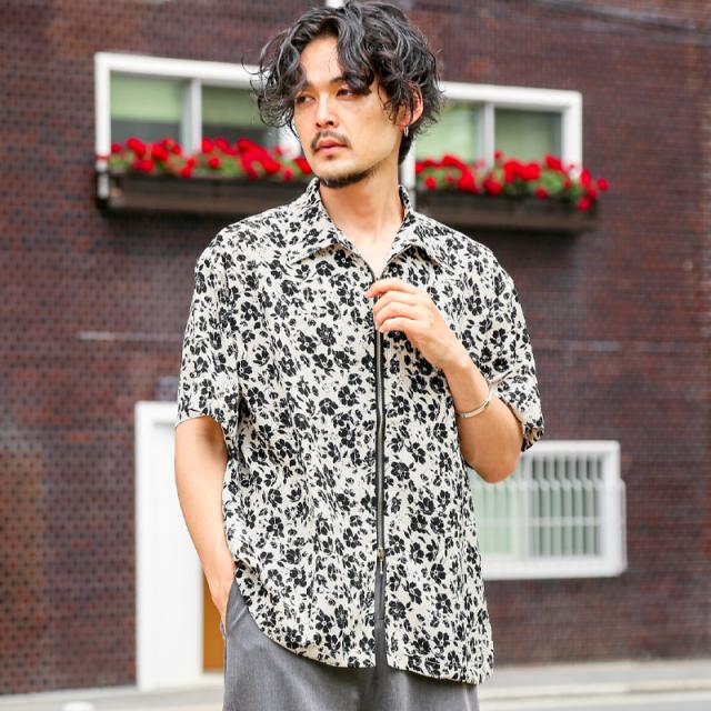 シャツ・半袖・メンズ・半袖シャツ・カーディガン・羽織・ライトアウター・花柄・フラワー・総柄・楊柳・クレープ素材・プリーツ・薄手・ダブルジップ・オープンジップ・オーバーサイズ・大きいサイズ・ゆったり・ホワイト・白・モカ・茶・夏・春・秋・20代・30代・40代 5