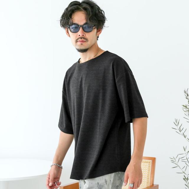 Tシャツ・半袖・メンズ・半袖Tシャツ・トップス・カットソー・ボートネック・五分袖・リラックス・スラブ・杢・無地・ゆったり・オーバーサイズ・おしゃれ・シンプル・大きいサイズ・レーヨン・部屋着・ユニセックス 6