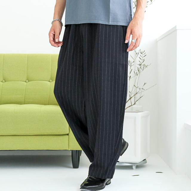 送料無料・テーパードパンツ・バルーンパンツ・メンズ・ストライプ・ワイドパンツ・スラックス・ズボン・ボトムス・オーバーサイズ・タック・ウエストゴム・ベルトループ・ポケット・フルレングス丈・きれいめ・大きいサイズ・ネイビー・チャコール・紺・グレー・M・L 5