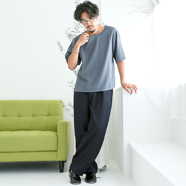 送料無料・テーパードパンツ・バルーンパンツ・メンズ・ストライプ・ワイドパンツ・スラックス・ズボン・ボトムス・オーバーサイズ・タック・ウエストゴム・ベルトループ・ポケット・フルレングス丈・きれいめ・大きいサイズ・ネイビー・チャコール・紺・グレー・M・L 6