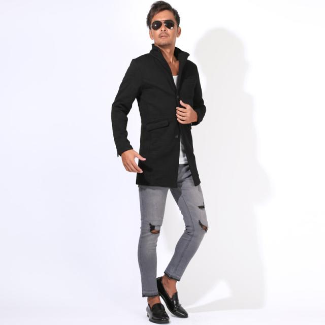 イタリアンカラーコート・ロングコート・メンズ・コート・アウター・ロング丈・立ち襟・ワイヤー入り・キルティング・バスケットチェック柄・無地・裏地・上品・おしゃれ・スタンドカラー・総柄・大人・ミドル・キレイめ 9