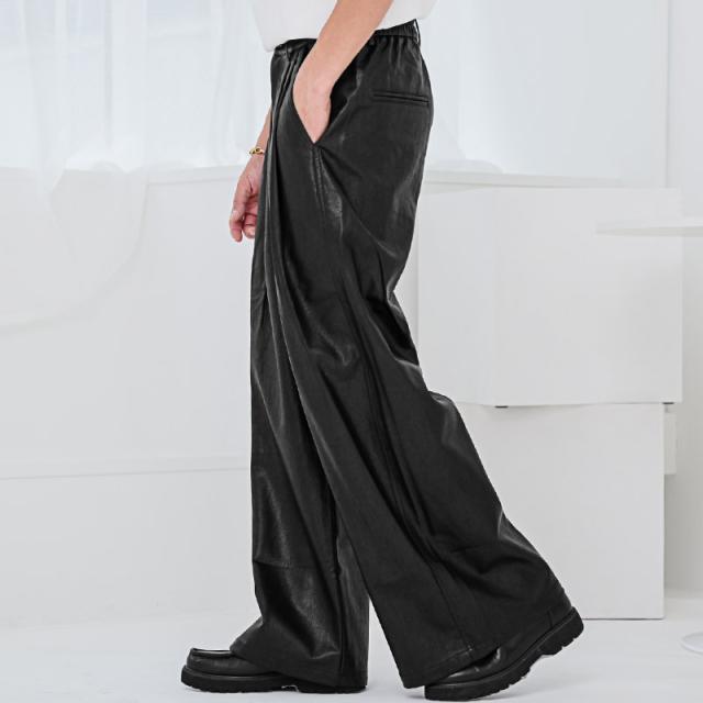 送料無料・レザーパンツ・ワイドパンツ・メンズ・PUレザー・合皮・合成皮革・フェイクレザー・エコレザー・バギーパンツ・バルーンパンツ・ワイドテーパード・ストレート・太め・ゆったり・ビッグシルエット・大きいサイズ・タック・韓国ファッション・黒・茶・ブラック 5