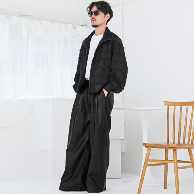 送料無料・レザーパンツ・ワイドパンツ・メンズ・PUレザー・合皮・合成皮革・フェイクレザー・エコレザー・バギーパンツ・バルーンパンツ・ワイドテーパード・ストレート・太め・ゆったり・ビッグシルエット・大きいサイズ・タック・韓国ファッション・黒・茶・ブラック 6