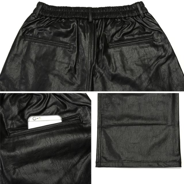 送料無料・レザーパンツ・ワイドパンツ・メンズ・PUレザー・合皮・合成皮革・フェイクレザー・エコレザー・バギーパンツ・バルーンパンツ・ワイドテーパード・ストレート・太め・ゆったり・ビッグシルエット・大きいサイズ・タック・韓国ファッション・黒・茶・ブラック 11