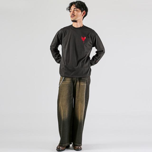 ロンT・Tシャツ・トップス・長袖・メンズ・ワンポイント・刺繍・ロゴ・ハート・ねこ・猫・速乾・吸水・吸汗・UVカット・紫外線対策・クルーネック・リブ・オーバーサイズ・ゆったり・シンプル・黒・白・ブラック・ホワイト・チャコール・春服・秋服・10代・20代・30代 9