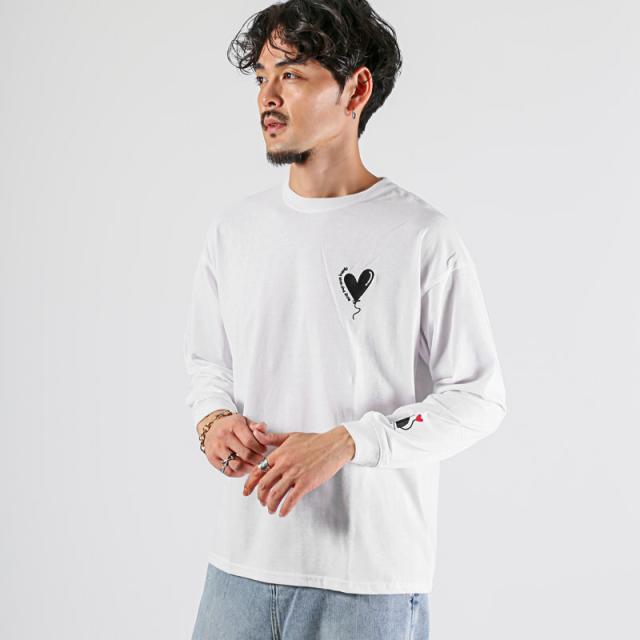 ロンT・Tシャツ・トップス・長袖・メンズ・ワンポイント・刺繍・ロゴ・ハート・ねこ・猫・速乾・吸水・吸汗・UVカット・紫外線対策・クルーネック・リブ・オーバーサイズ・ゆったり・シンプル・黒・白・ブラック・ホワイト・チャコール・春服・秋服・10代・20代・30代 6