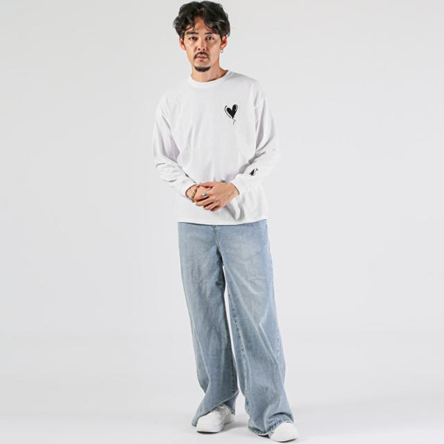 ロンT・Tシャツ・トップス・長袖・メンズ・ワンポイント・刺繍・ロゴ・ハート・ねこ・猫・速乾・吸水・吸汗・UVカット・紫外線対策・クルーネック・リブ・オーバーサイズ・ゆったり・シンプル・黒・白・ブラック・ホワイト・チャコール・春服・秋服・10代・20代・30代 7