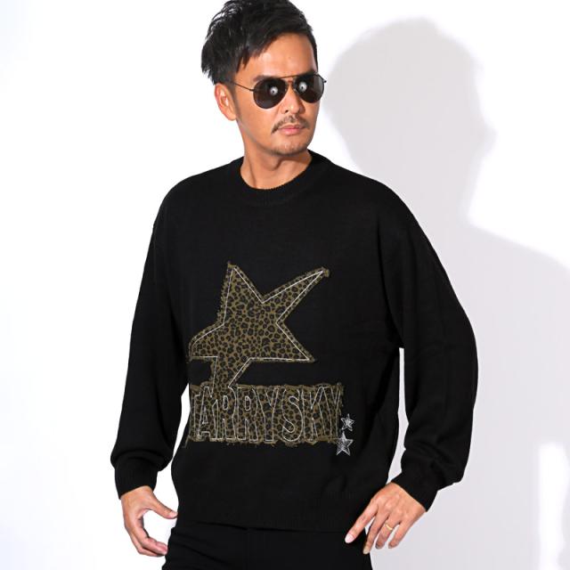 送料無料・ニット・セーター・メンズ・レオパード・ヒョウ柄・豹柄・星・スター・ロゴ・貼り付け・リメイク風・ヴィンテージライク・クルーネック・ハイゲージ・おしゃれ・古着・長袖・ニットソー・メンズニット・アクリルニット・ゆったり・シンプル・ブラック・黒・秋冬 5