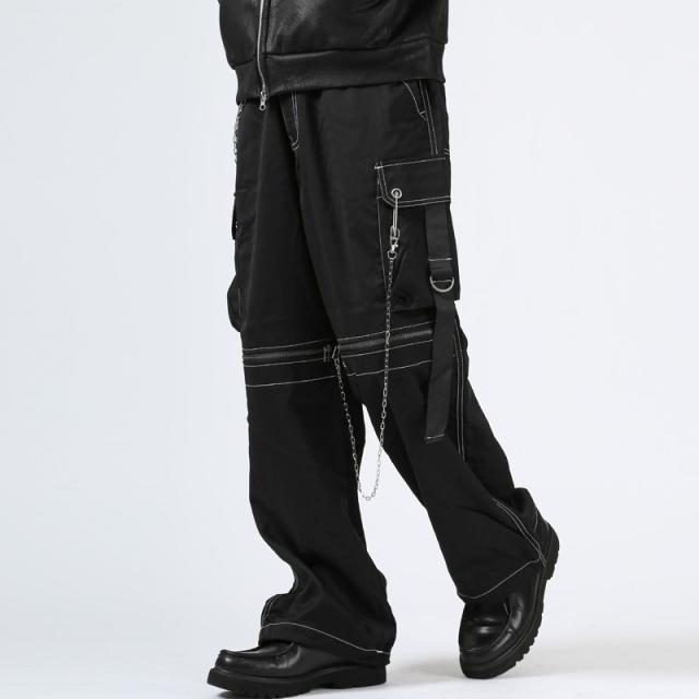 カーゴパンツ・ワイドパンツ・ボンテージパンツ・メンズ・チェーン付き・ベルト・サイドポケット・ウエストゴム・大きいサイズ・ストラップ・ジッパー・ドローコード・ストリート・Y2K・パンク・黒・ブラック・通年・オールシーズン 6