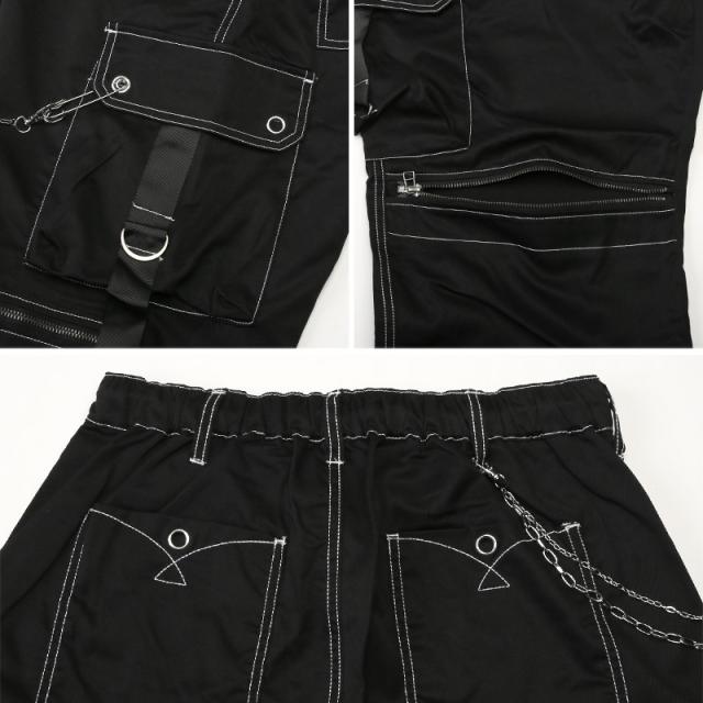 カーゴパンツ・ワイドパンツ・ボンテージパンツ・メンズ・チェーン付き・ベルト・サイドポケット・ウエストゴム・大きいサイズ・ストラップ・ジッパー・ドローコード・ストリート・Y2K・パンク・黒・ブラック・通年・オールシーズン 10