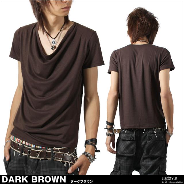 お兄系 ドレープ無地Tシャツ ブラウン