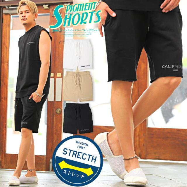 ショートパンツメンズピグメント刺繍ロゴプリントビター系BITTER【CALIFWAVE刺繍ピグメントショートパンツ】ボトムスハーフパンツ短パン切りっぱなしカットオフイージー膝上サーフ系ストリート系アメカジ系韓国 1