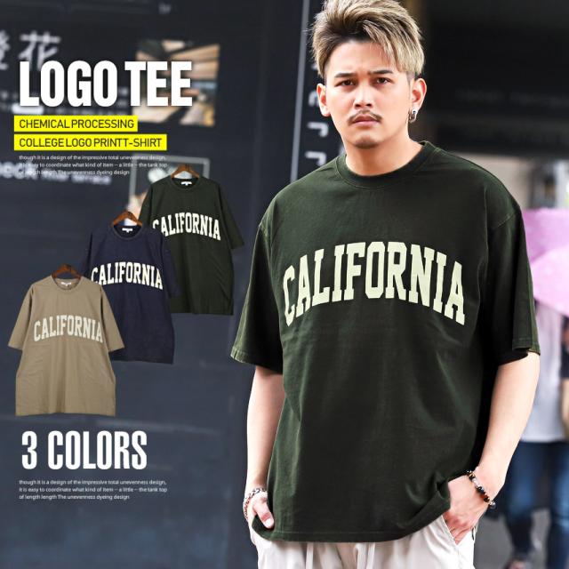 Tシャツ メンズ 半袖 ビッグシルエット カレッジ ロゴ プリント メンズTシャツ 半袖Tシャツ カットソー CALIFORNIA 英字 ケミカル加工 色落ち 古着風 ルーズ カジュアル ストリート aa-1533 1