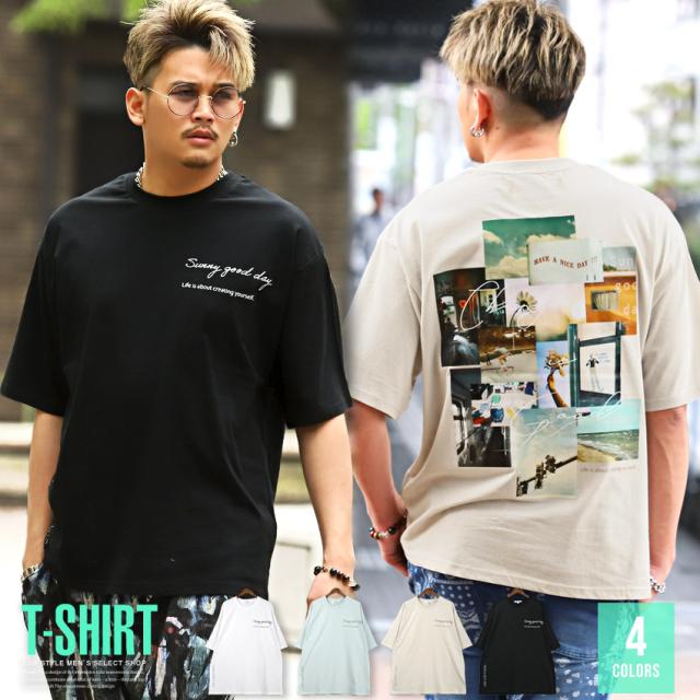 Tシャツメンズ半袖バックプリントフォトプリントロゴ【バックフォトデコレーションプリントTシャツ】トップス半袖Tシャツカットソーコラージュ英字ロゴプリントストリート韓国系春夏 1