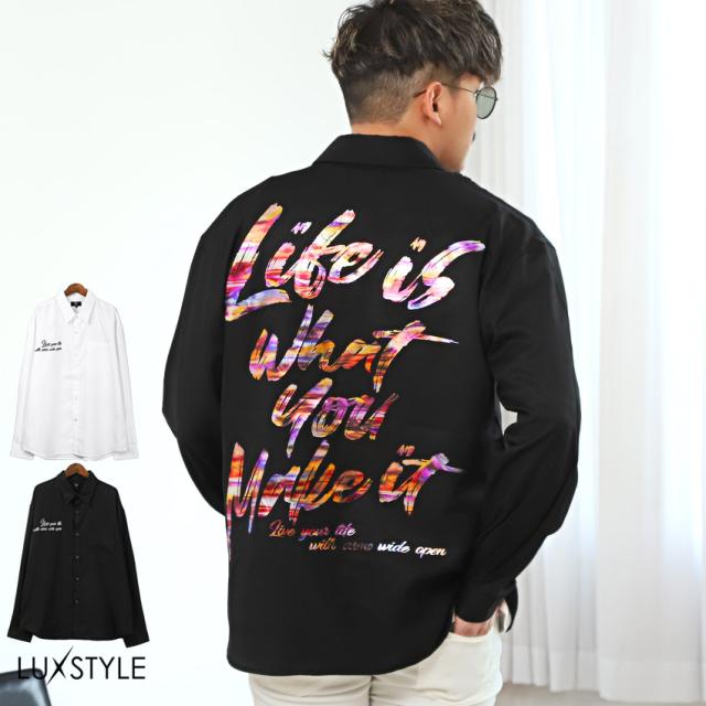 長袖シャツ メンズ バックプリント ロゴ レインボー箔 メンズシャツ カジュアルシャツ レギュラーカラー 箔プリント カラフル ホワイト ブラック 長袖 ルーズ ストリート 韓国 aa-2335 1