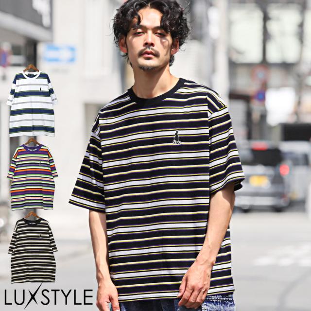 Tシャツメンズレディース半袖半袖Tシャツボーダービッグシルエットマルチボーダーワンポイント刺繍ワッペンレトロ90s夏古着風韓国ストリートカジュアルユニセックスaa-2526 1