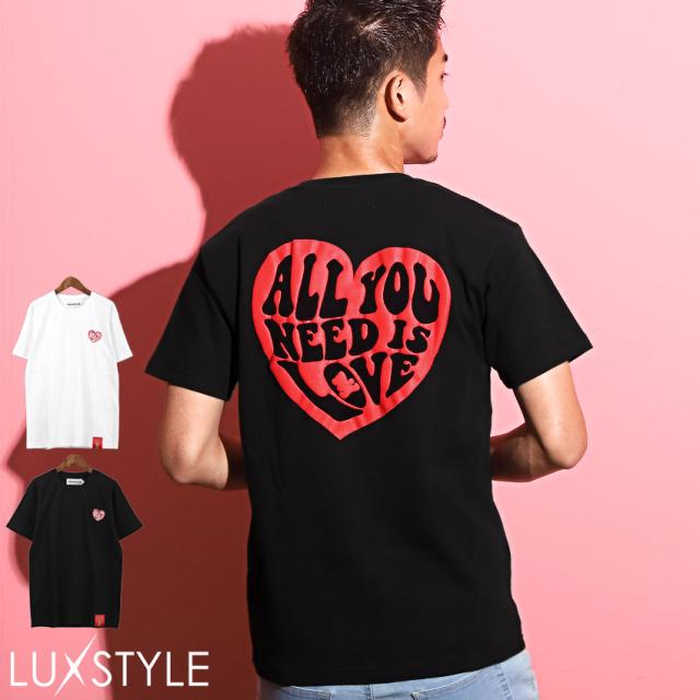 Tシャツ メンズ 半袖 刺繍 ハート 発泡プリント ロゴ メンズTシャツ カットソー クルーネック ぷっくり ホワイト ブラック カジュアル 春夏 aa-2561 1