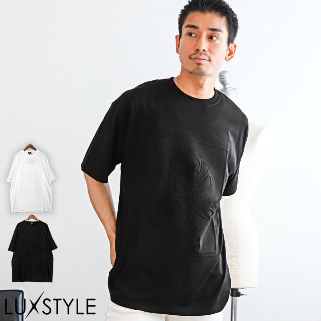 Tシャツ メンズ 半袖 エンボス 加工 薔薇 刺繍 ローズ フラワー