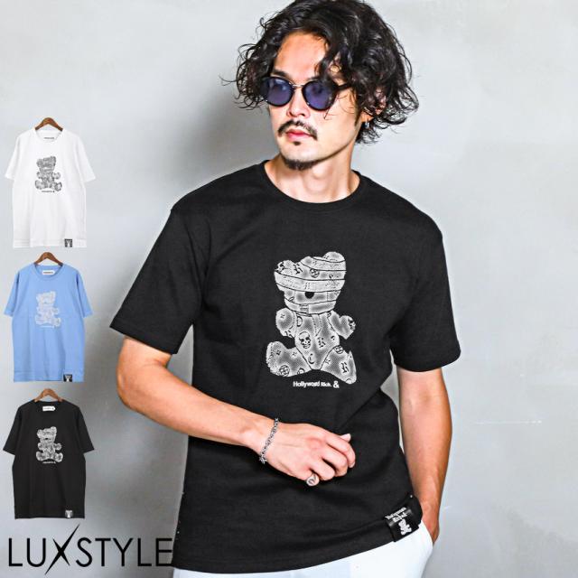 Tシャツ メンズ 半袖  テディベア ロゴ ラインストーン カットソー プリント クマ バックプリント 綿 クルーネック カジュアル ストリート ビター 春 夏 1