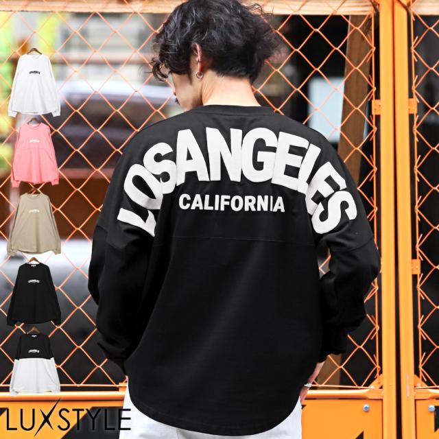 ロンT メンズ 長袖Tシャツ ビッグシルエット バックロゴ 発泡プリント メンズロンT カットソー 長袖 クルーネック ドロップショルダー ドルマンスリーブ LOS ANGELS ゆったり アメカジ ストリート aa-2698 1