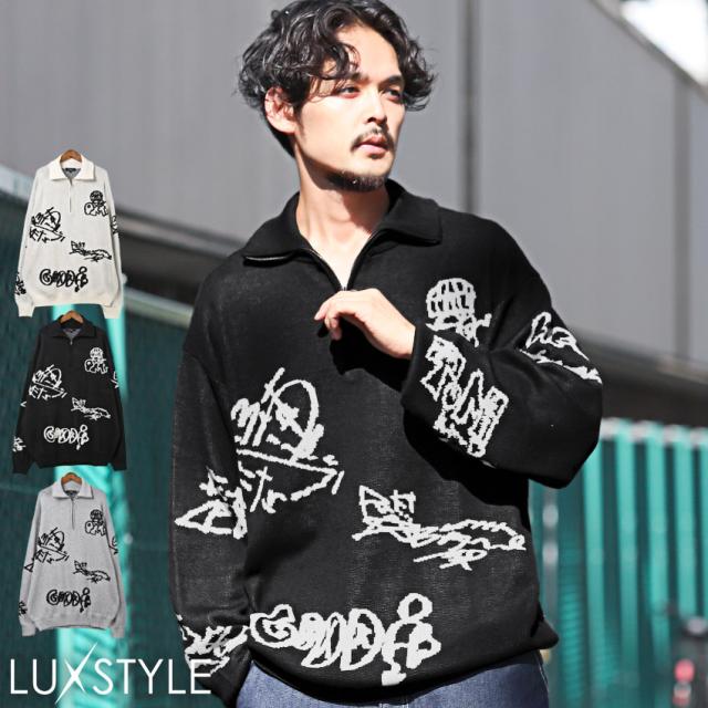 ニット・メンズ・セーター・ハーフジップ・ロゴ・グラフィティ・スタンドネック・メンズニット・メンズセーター・ビッグシルエット・ルーズ・ストリート 1