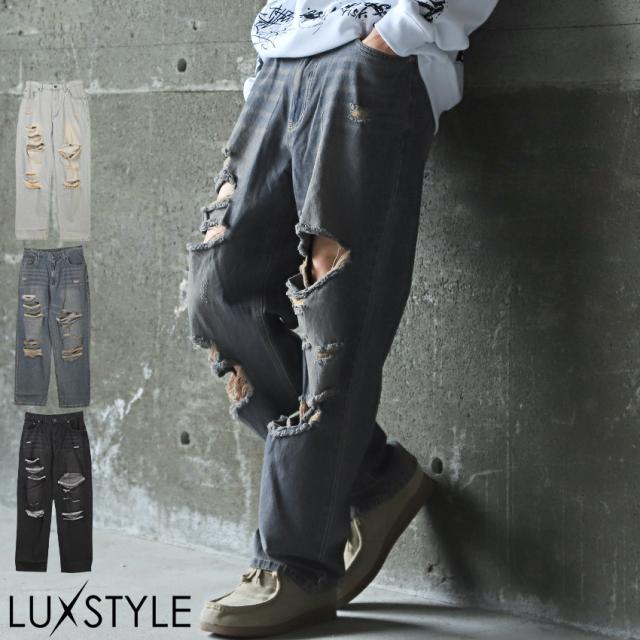 デニムパンツ メンズ ワイド バギーパンツ ダメージ ジーンズ ボトムス メンズパンツ ワイドパンツ イージーパンツ 無地 コットン 綿 太め アメカジ 韓国 1